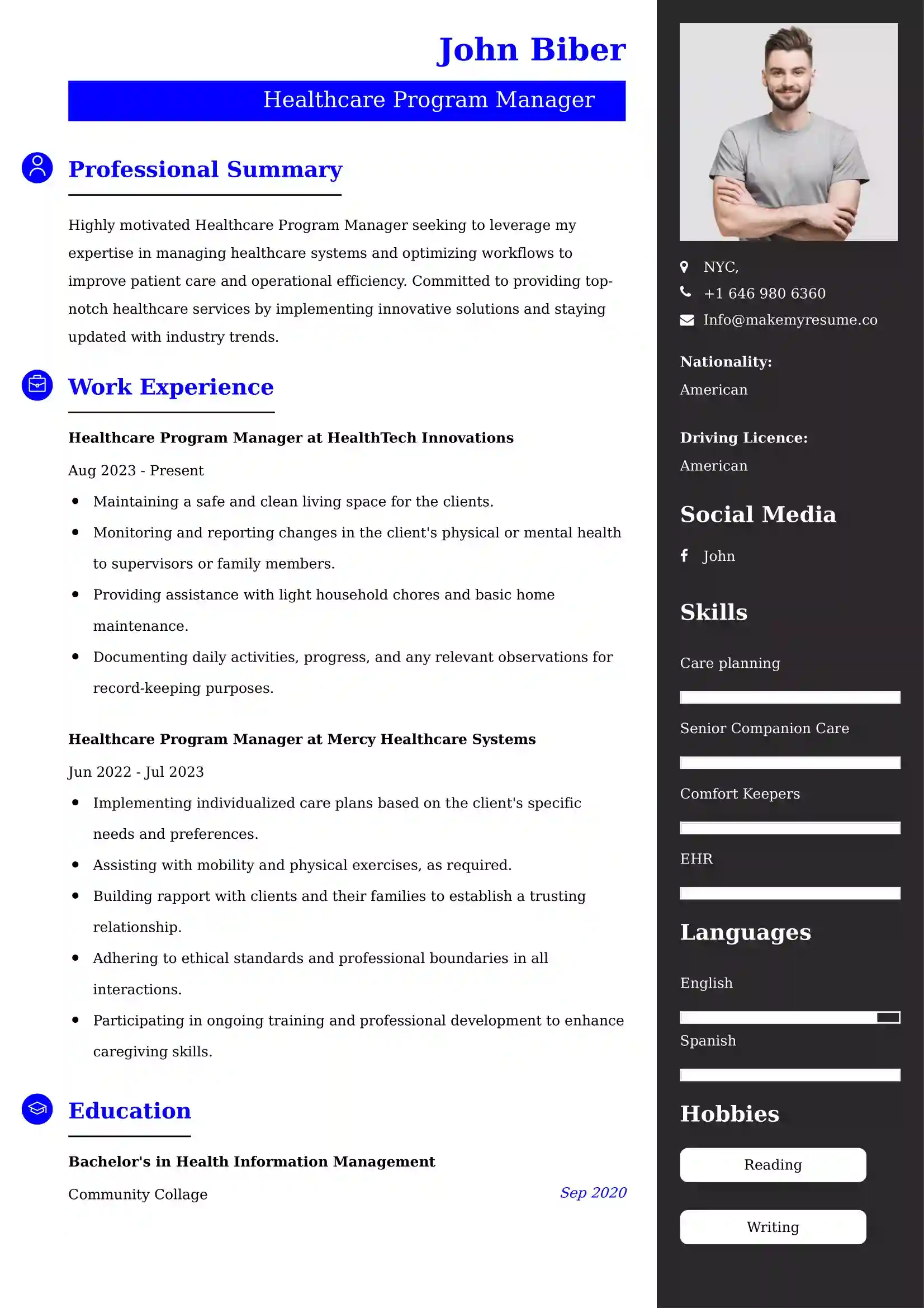 Healthcare Program Manager Resume Examples Canada