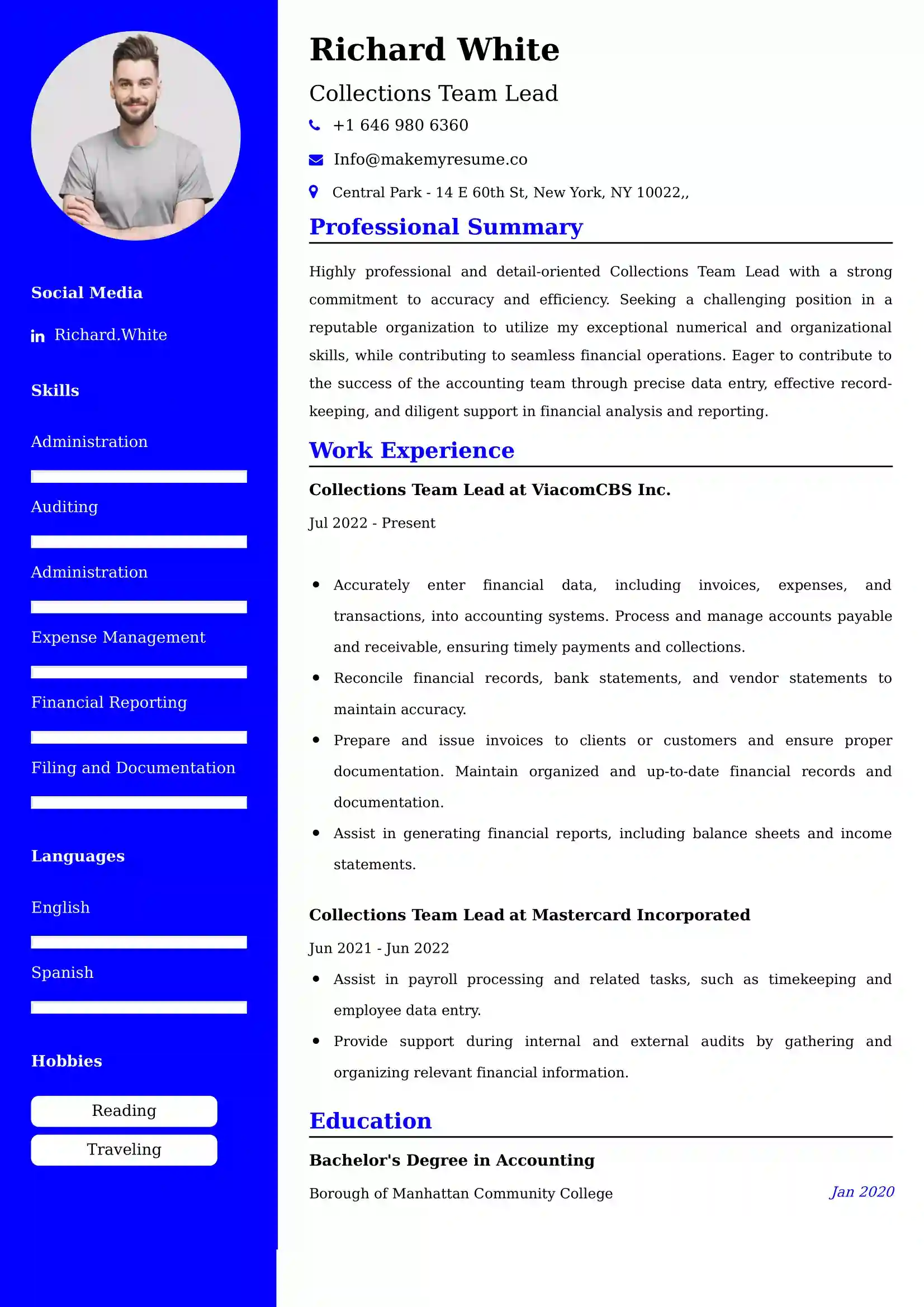 Collections Team Lead Resume Examples Canada